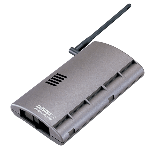 Gray wireless weather envoy by Davis Instruments with a black antenna extending from the top.