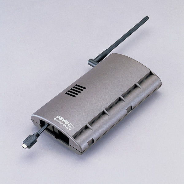Gray wireless weather envoy from Davis Instruments with an antenna and a connected USB cable.