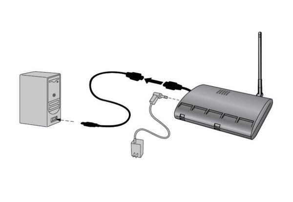 Wireless Weather Envoy™ Data Collection Device by Davis Instruments connected to a computer and power source.