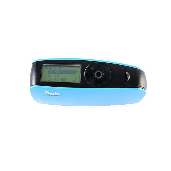 Basic gloss meter by 3nh with a blue and black exterior, seen on a white surface.
