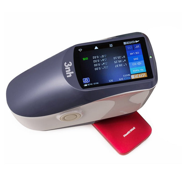 Portable spectrophotometer by 3nh with a gray and white casing, resting on a red base plate.