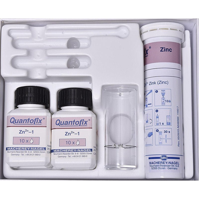 Zinc test kit by Macherey-Nagel, including test tubes, dropper bottles, and color scale in a white box.
