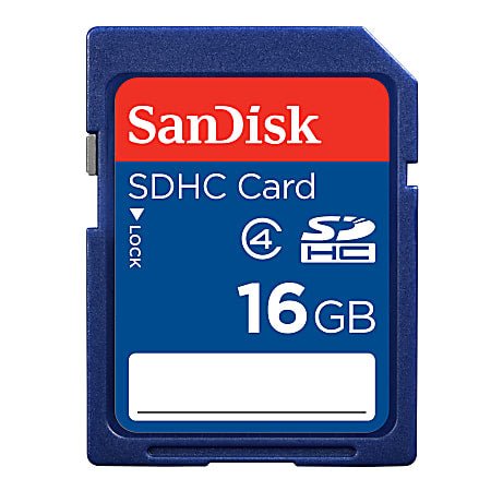 Blue 16GB Secure Digital Card by SanDisk with a white label area.