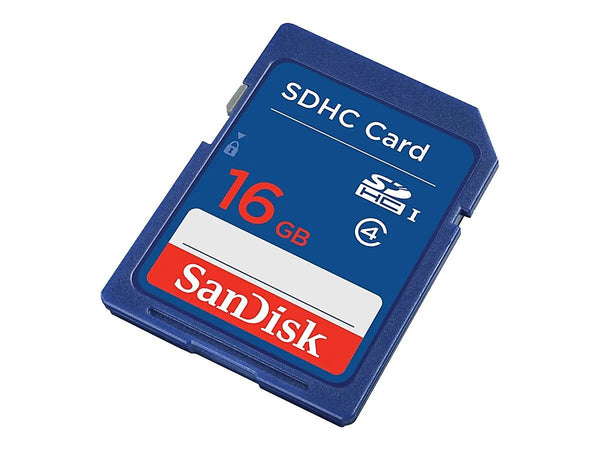 Blue SDHC card by Sandisk, showing 16GB capacity and lock switch.