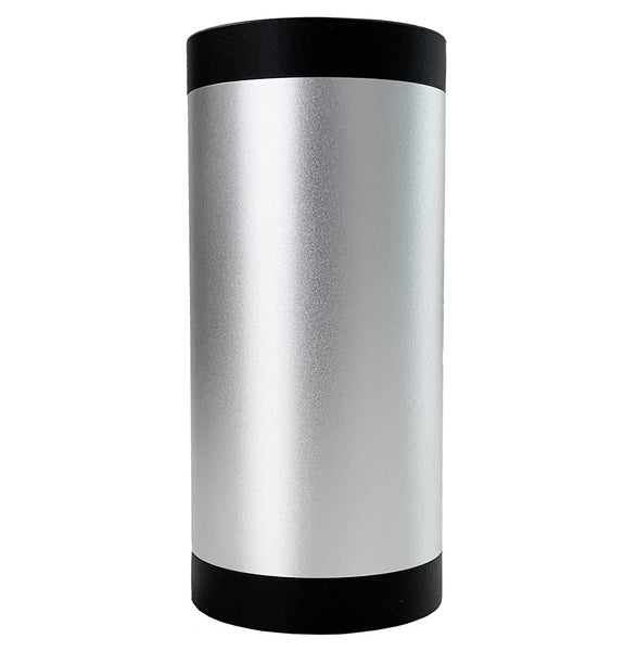 Two-point acoustical calibrator by Sper Scientific with a silver metal cylinder and black end caps.
