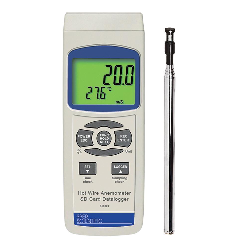 Light gray Hot Wire Anemometer by SPER SCIENTIFIC, handheld, with green LCD showing 20.0 m/s and 27.6°C, beside a silver telescopic probe.