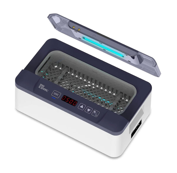 White and navy blue ultrasonic cleaner by Sper Scientific with an open lid and digital display.