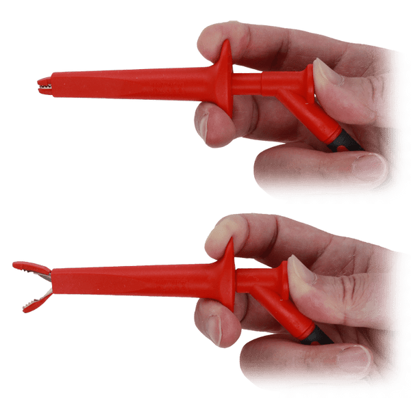 Red alligator safety clip adapter by Sanwa held in hand with open and closed positions shown.