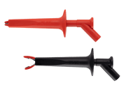 Red and black alligator safety clip adapters by Sanwa with textured grips.