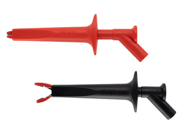 Red and black alligator safety clip adapters by Sanwa with textured grips.