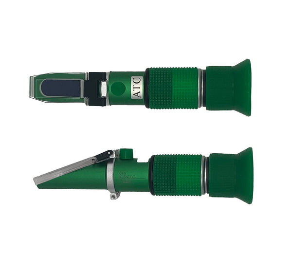 Green coolant refractometer with ATC by Sper Scientific, shown in two views.