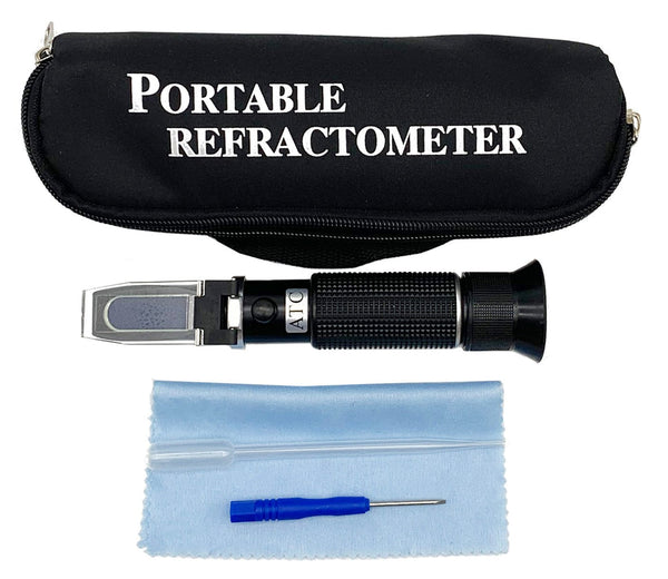 Beer brewing refractometer, 0 to 20% with ATC by Sper Scientific, with case, dropper, cleaning cloth, and screwdriver.