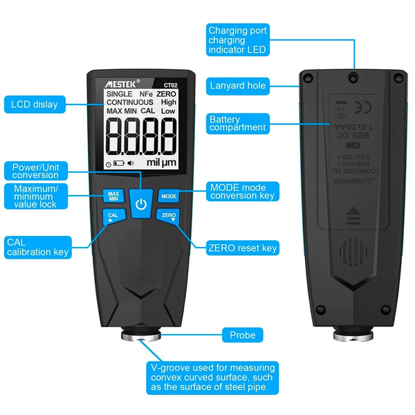 Coating thickness tester by Mestek, displaying measurement units and settings, plus labeled components such as probe and keys.
