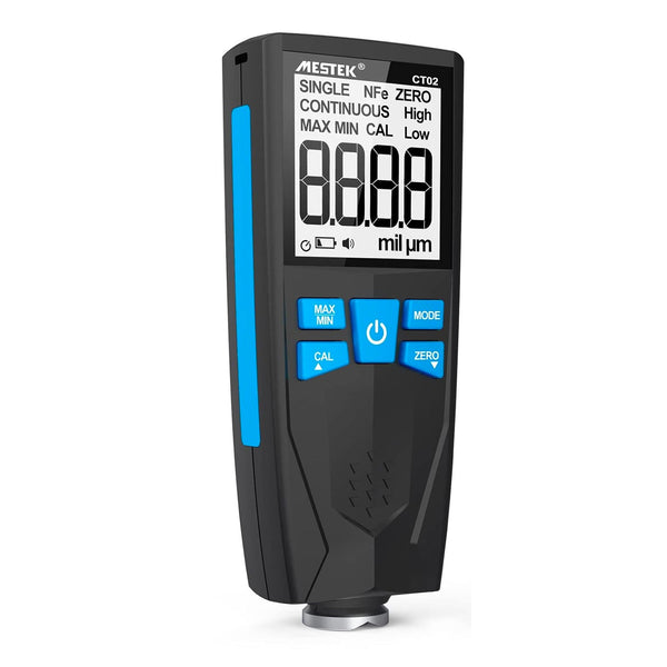 Coating thickness tester by Mestek with a black and blue casing showing a digital display.