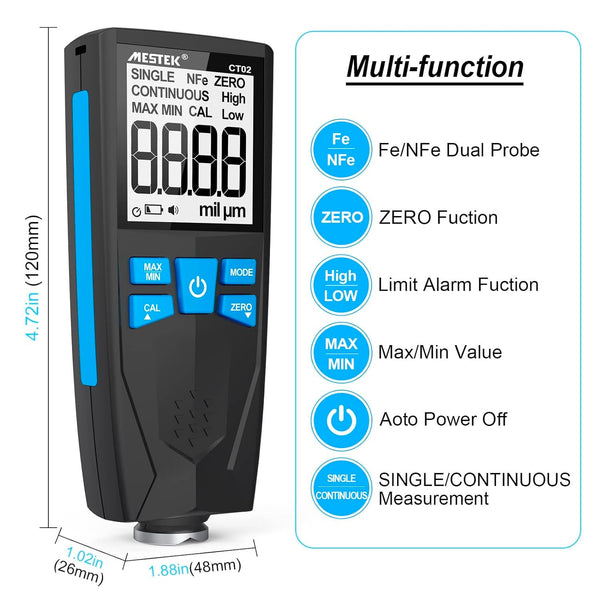 Coating thickness tester by Mestek with a digital display and measurement callouts.