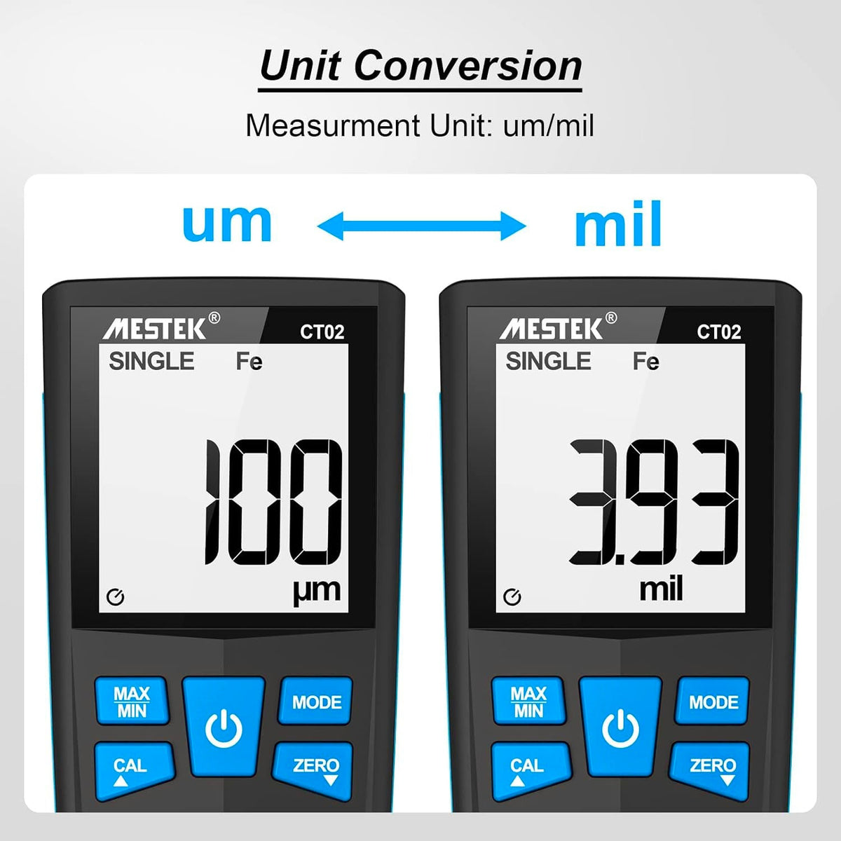 Coating thickness tester by Mestek showing unit conversion from um to mil on a digital screen.