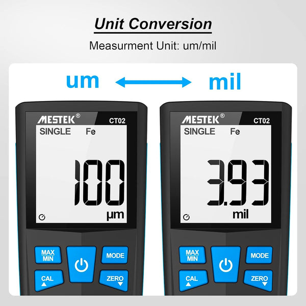 Coating thickness tester by Mestek showing unit conversion from um to mil on a digital screen.