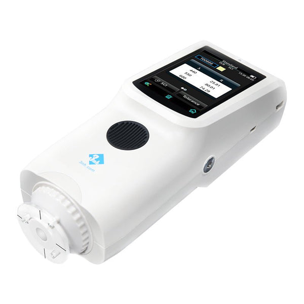 White handheld spectro colorreader by 3nh with a black display screen and round black button.