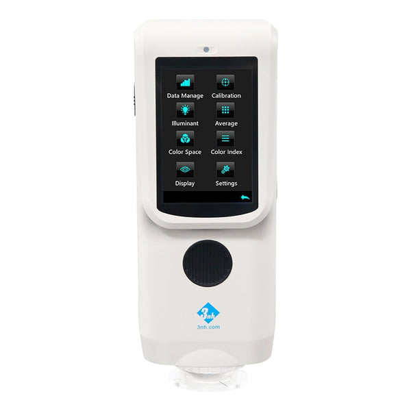 White CR8 Professional Spectro ColorReader from 3nh, showcasing a vibrant display screen and a sleek button feature.

