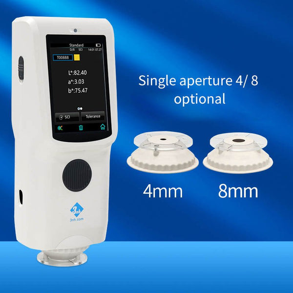 Professional spectro colorreader by 3nh with a white casing, displaying colorimetric data, alongside two aperture options.
