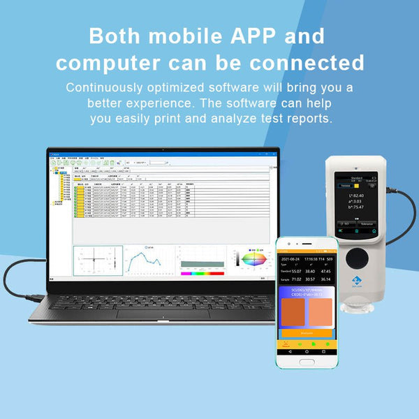 Colorimeter by 3nh connected to a laptop and mobile app displaying color measurement results.
