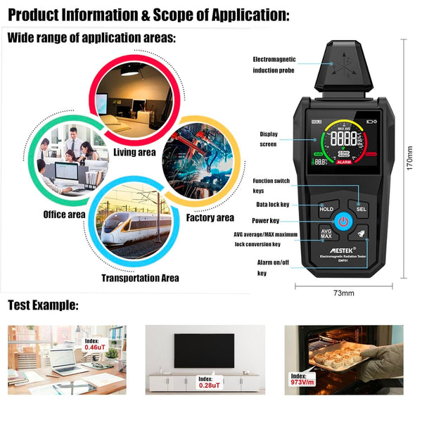 Black electromagnetic radiation tester by Mestek showing diverse application areas and test results.
