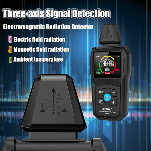 Electromagnetic radiation tester by Mestek, showing a digital display, measurement sensor, and product information on a dark background.
