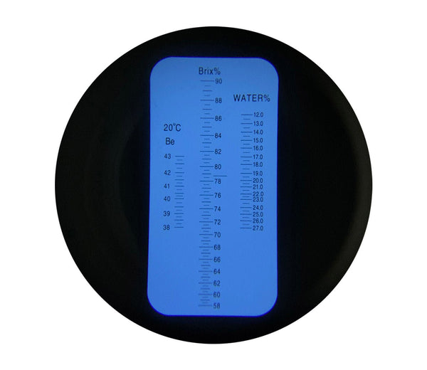 Honey refractometer, 58 to 90%, from Sper Scientific, displaying Brix and Water percentage scales.

