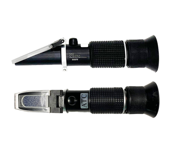 Honey refractometer with ATC by Sper Scientific, shown with black body and ribbed grip.