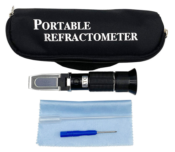 Honey refractometer with ATC by Sper Scientific, including a blue cleaning cloth, plastic pipette, and screwdriver, next to a black zippered case.