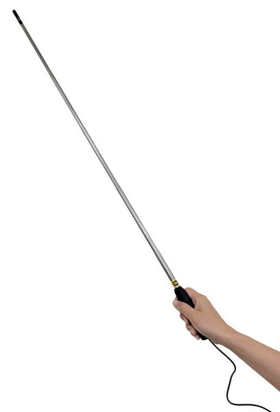 Hot wire anemometer with telescopic probe by Sper Scientific held by a hand with electrical wire attached.
