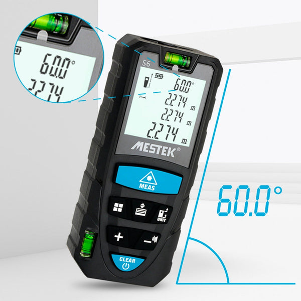 Black laser distance meter by Mestek, shown at an angle with an angle of 60 degrees marked in blue.