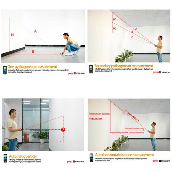 Laser distance meter by Mestek demonstrating various measurement methods in indoor settings, with accompanying diagrams and text.
