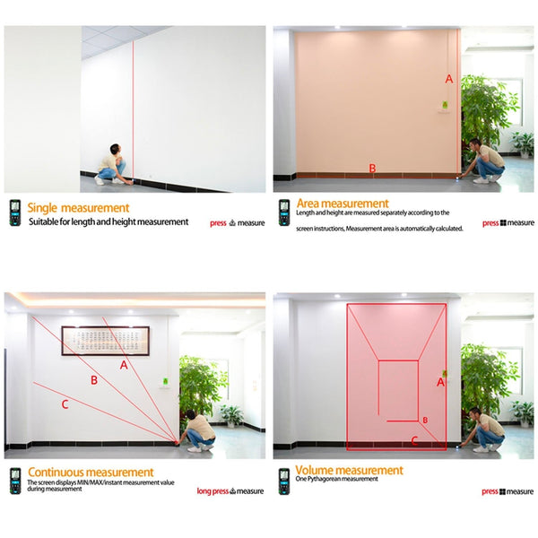 Laser distance meter by Mestek showing different measurement modes with diagrams in a room interior.