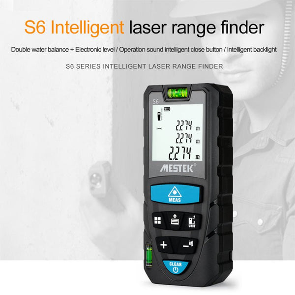 Black laser distance meter by Mestek, displaying measurements on its screen, and featuring a built-in level indicator.
