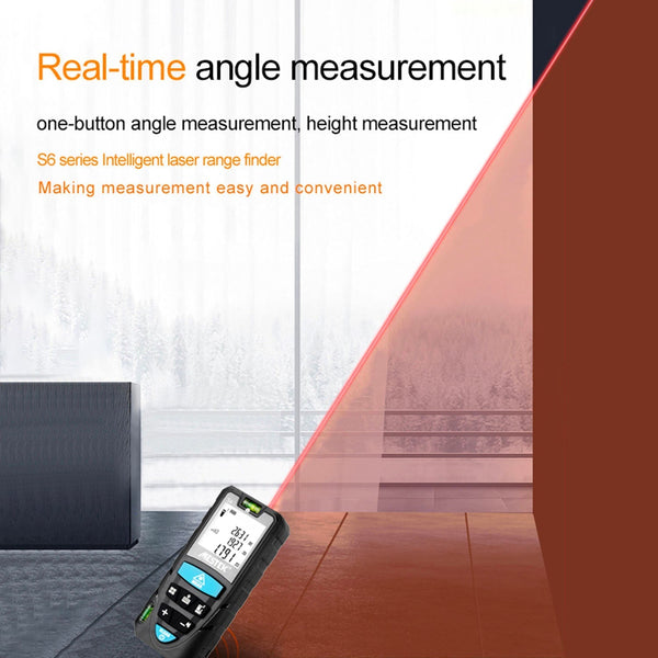 Laser distance meter by Mestek, displaying real-time angle measurement with a visible red laser indicator.
