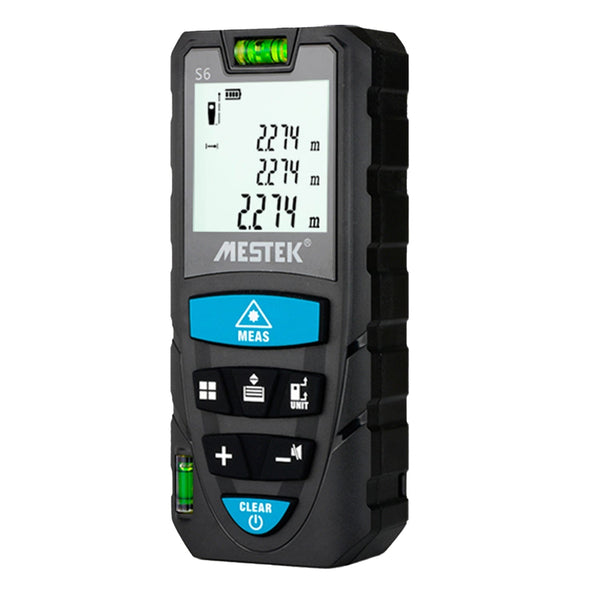 Laser distance meter by Mestek, featuring a digital display, multiple buttons and a built-in level.