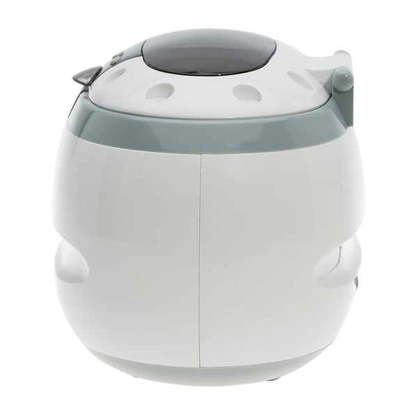 White mini ultrasonic cleaner with stainless steel tank by Sper Scientific, with a gray accent and rounded shape.