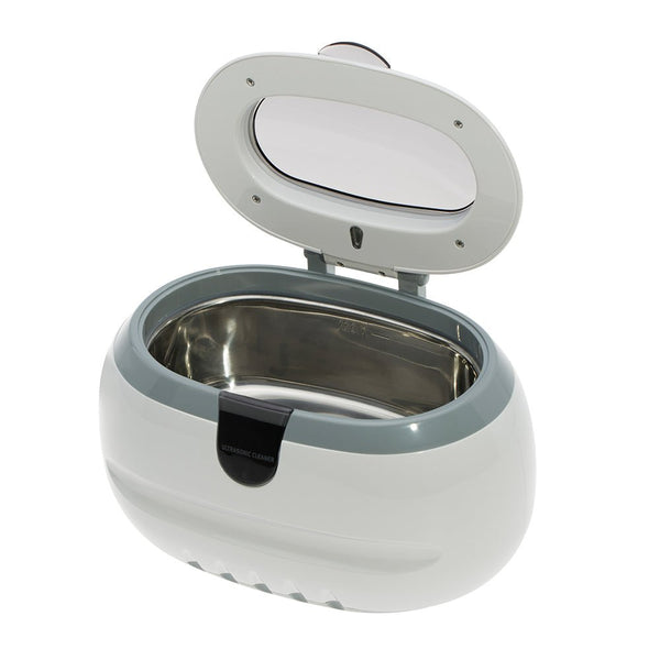 Ultrasonic cleaner with a stainless steel tank by Sper Scientific, shown with the lid open.