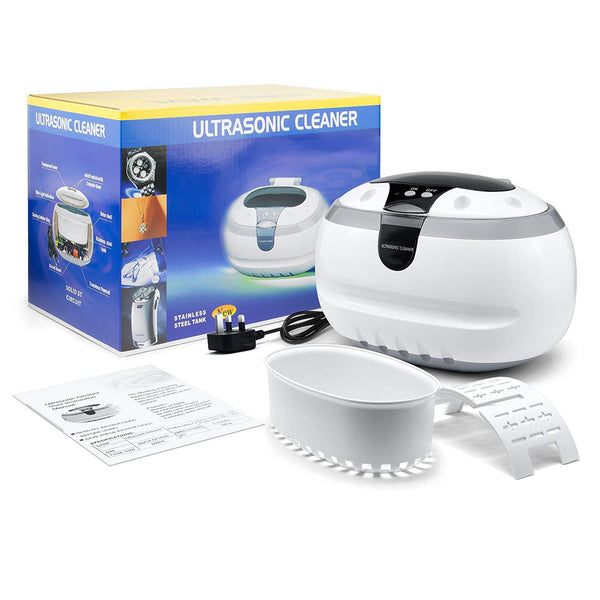 Mini ultrasonic cleaner with stainless steel tank by Sper Scientific, shown with accessories and packaging.