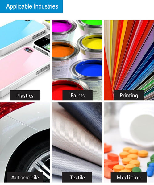 Precision colorimeter by 3nh, showcasing applicable industries like plastics, paints, printing, automobile, textile, and medicine.
