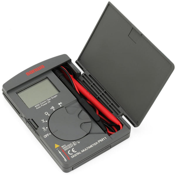 Pocket digital multimeter with 4000 count display by Sanwa, featuring an open storage compartment and measurement probes.
