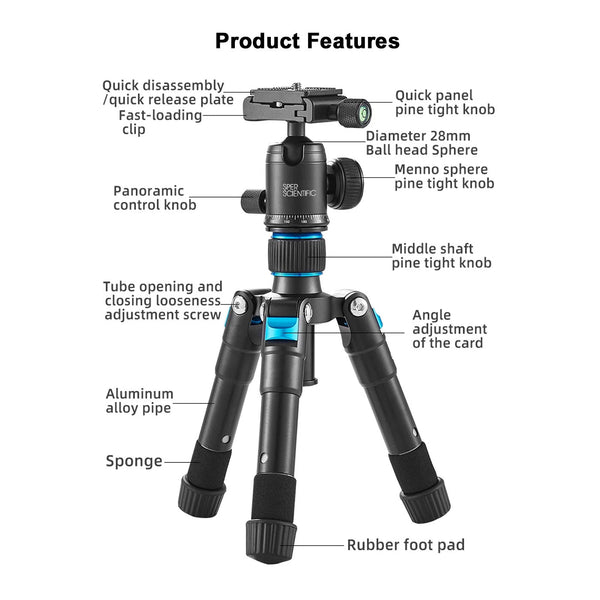 Compact mini tripod by Sper Scientific with aluminum alloy legs, sponge grips, and multiple adjustment knobs.