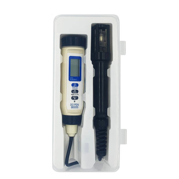 Rechargeable dissolved oxygen pen with five meter cable by Sper Scientific inside of a clear plastic case.