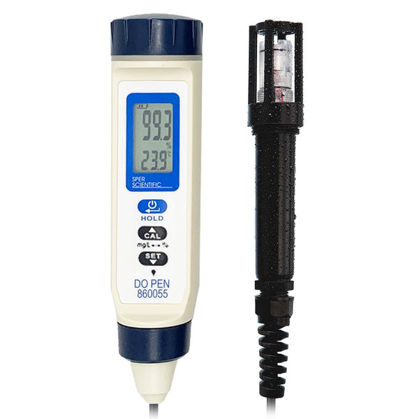 Rechargeable dissolved oxygen pen with 5 meter cable by Sper Scientific featuring a digital display.