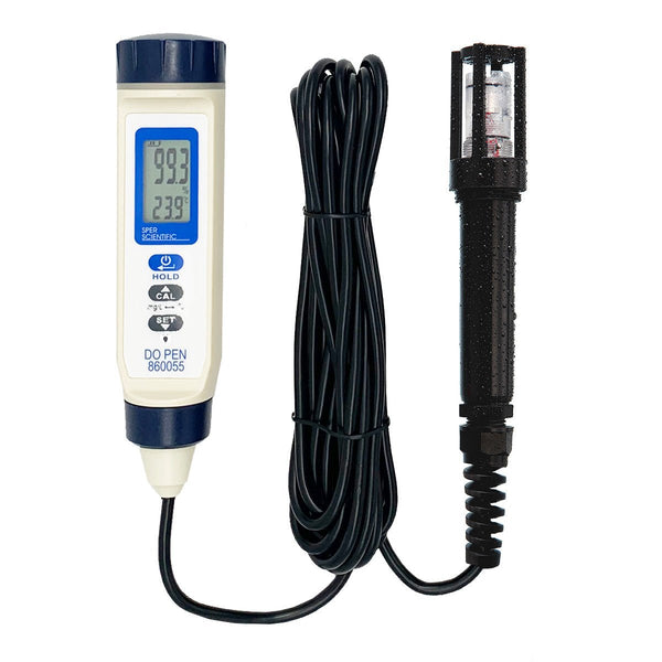 Rechargeable dissolved oxygen pen with 5 meter cable by Sper Scientific, with water droplets on probe.
