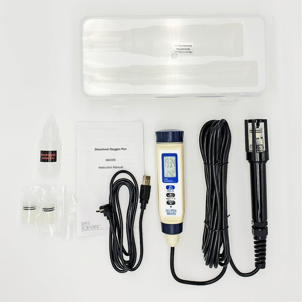 Rechargeable dissolved oxygen pen with a black 5-meter cable by Sper Scientific, with included electrolyte solution, manual, and case.
