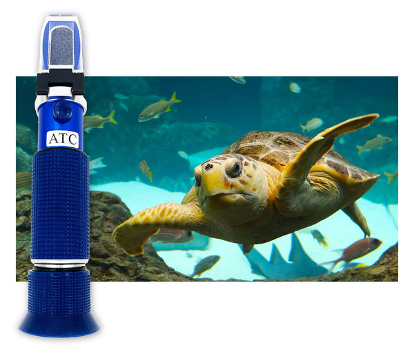 Blue salinity refractometer with ATC by Sper Scientific, standing upright.