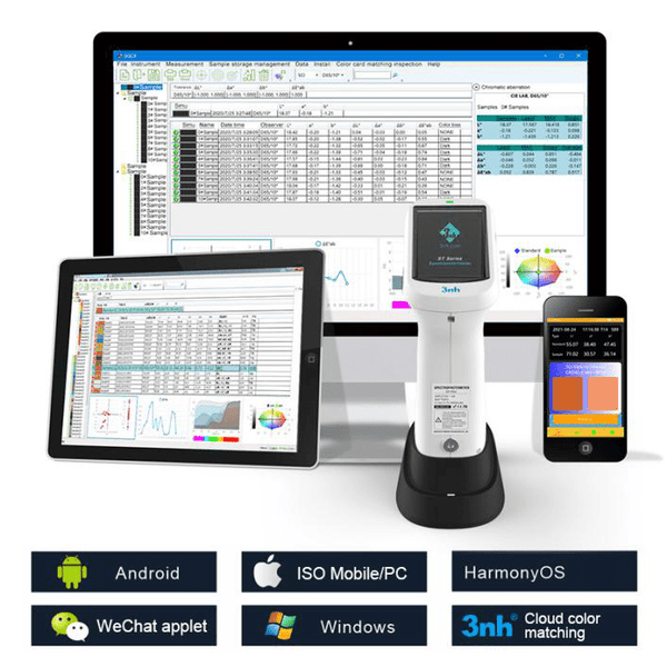 Portable spectrophotometer ST700D Plus by 3nh with multiple display devices illustrating software compatibility.