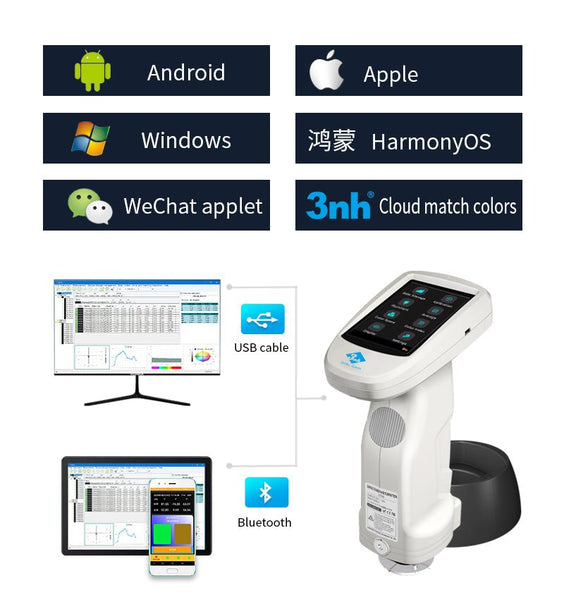 ST Series Spectrophotometer by 3nh, showing connectivity to Android, Apple, Windows, HarmonyOS, and WeChat applet.